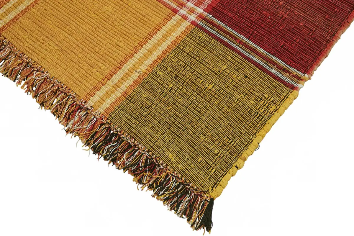 İskandinav Multi Renk Çizgili Kare Desen Pamuk Üzerine Yün El Dokuma Halı-181x300 - Görsel 4