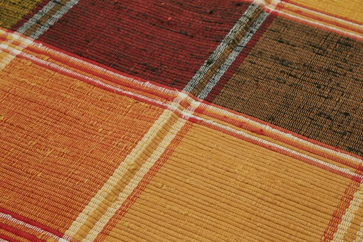 İskandinav Multi Renk Çizgili Kare Desen Pamuk Üzerine Yün El Dokuma Halı-181x300 - Görsel 5