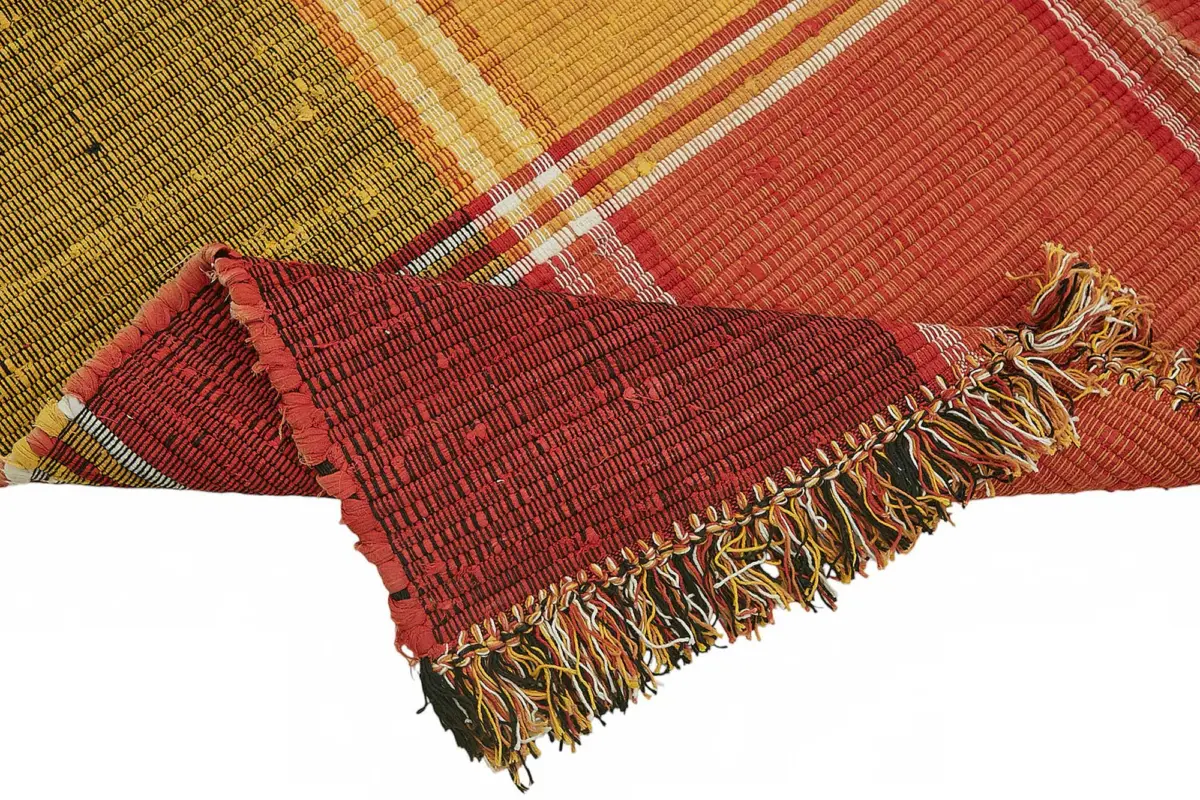 İskandinav Multi Renk Çizgili Kare Desen Pamuk Üzerine Yün El Dokuma Halı-181x300 - Görsel 6