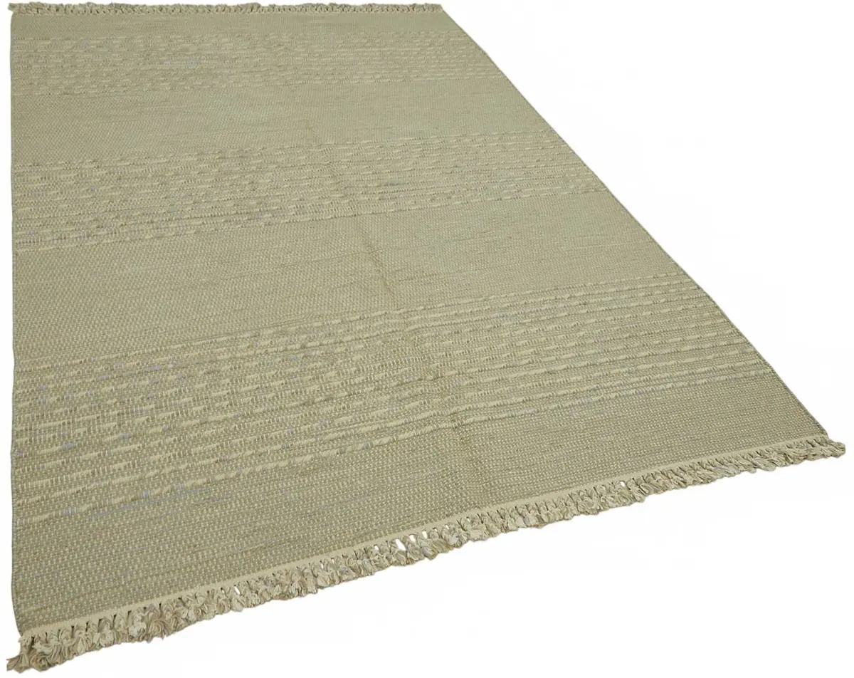 İskandinav Bej Çizgili Pamuk Üzerine Yün El Dokuma Halı-185x260 - Görsel 2