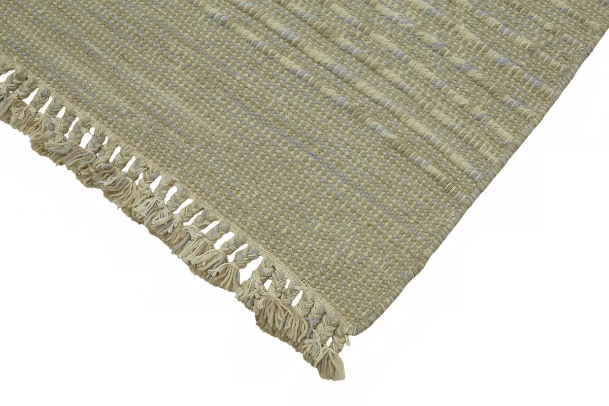 İskandinav Bej Çizgili Pamuk Üzerine Yün El Dokuma Halı-185x260 - Görsel 4