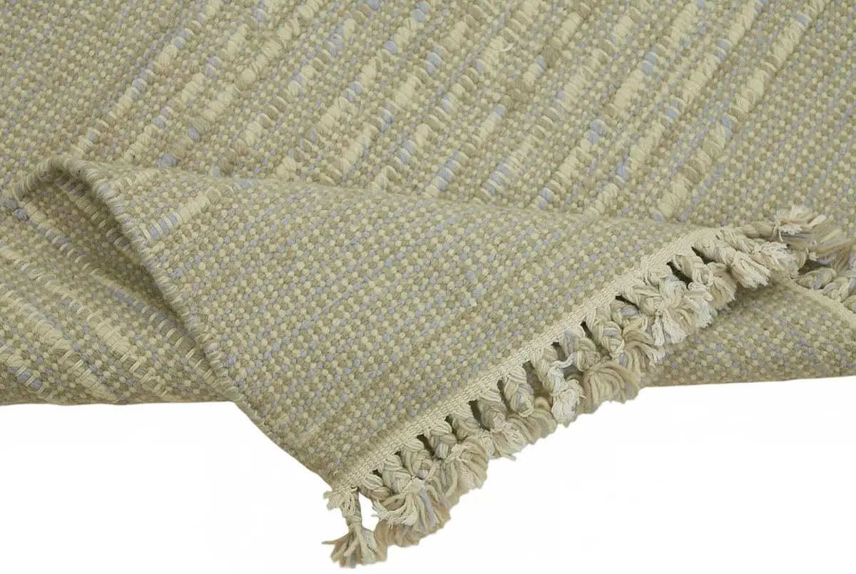 İskandinav Bej Çizgili Pamuk Üzerine Yün El Dokuma Halı-185x260 - Görsel 6