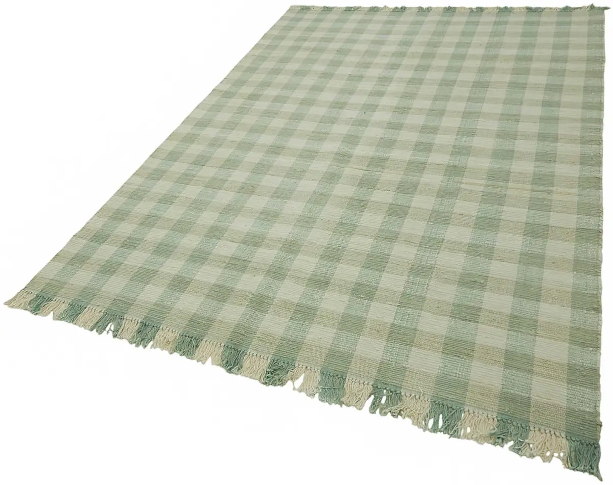 İskandinav Yeşil Çizgili Pamuk Üzerine Yün El Dokuma Halı-180x256 - Görsel 3