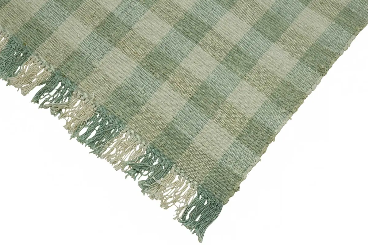 İskandinav Yeşil Çizgili Pamuk Üzerine Yün El Dokuma Halı-180x256 - Görsel 4