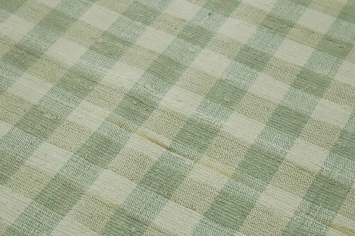 İskandinav Yeşil Çizgili Pamuk Üzerine Yün El Dokuma Halı-180x256 - Görsel 5