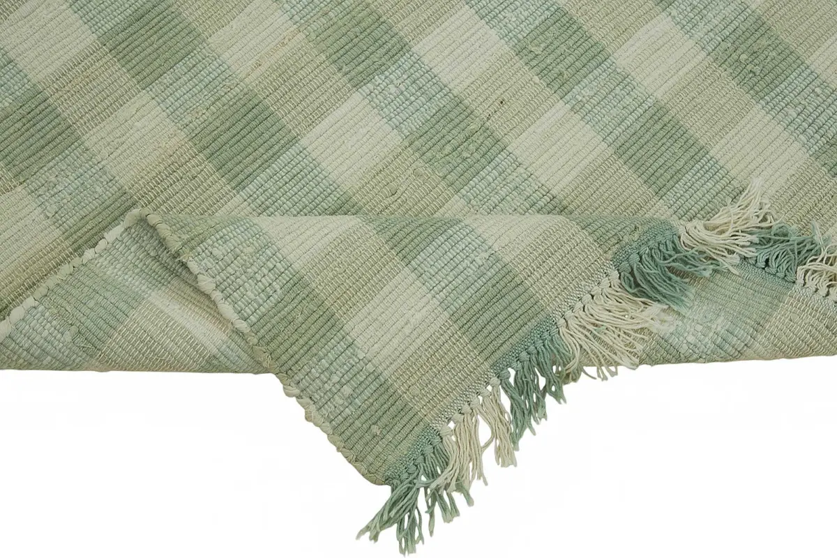 İskandinav Yeşil Çizgili Pamuk Üzerine Yün El Dokuma Halı-180x256 - Görsel 6
