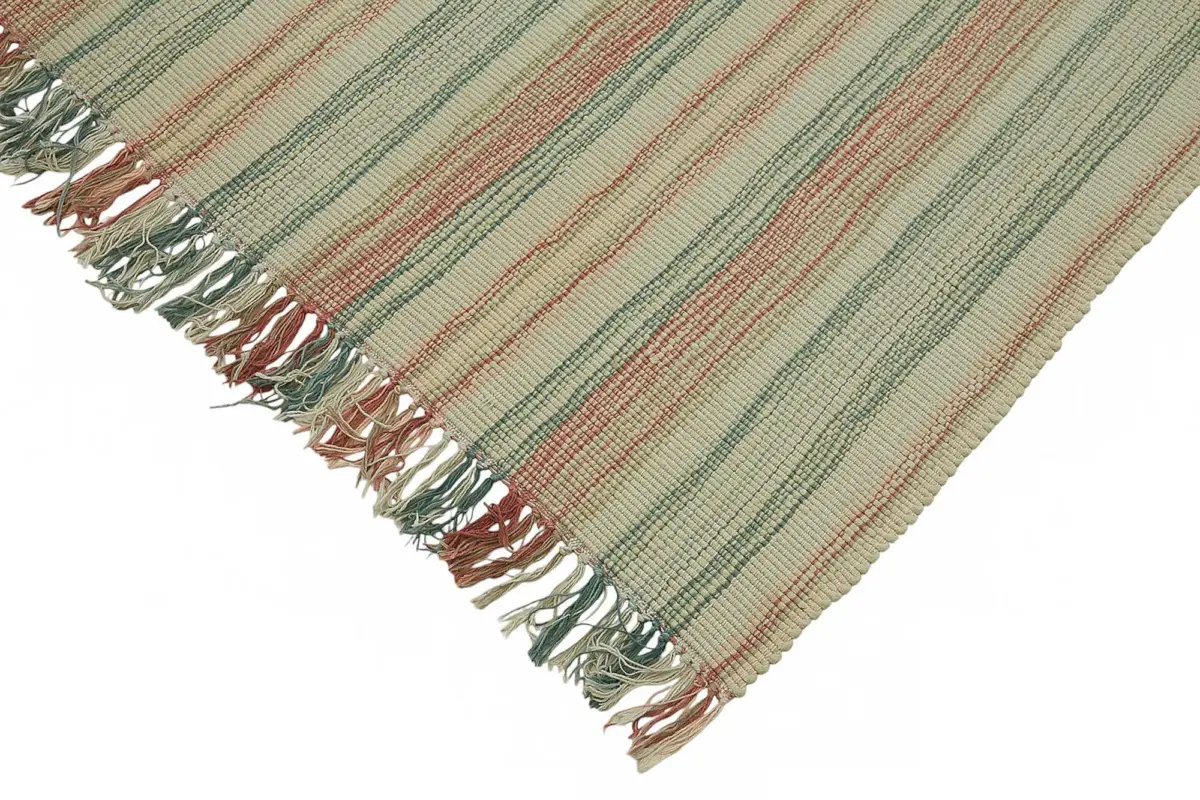 İskandinav Multi Renk Çizgili Pamuk Üzerinde Yün El Dokuma Halı-180x230 - Görsel 4