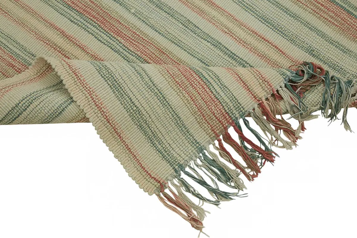 İskandinav Multi Renk Çizgili Pamuk Üzerinde Yün El Dokuma Halı-180x230 - Görsel 6