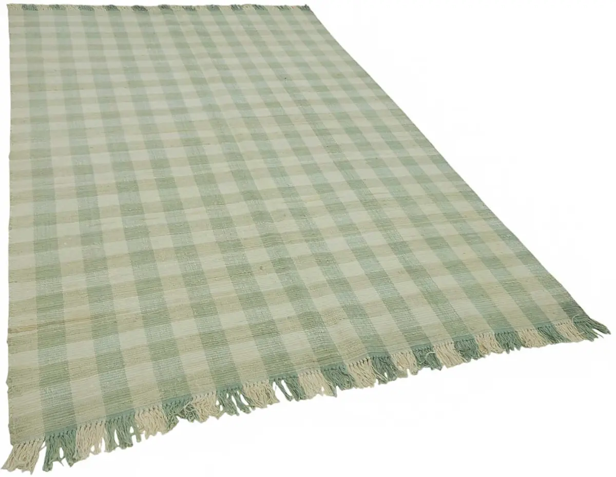 İskandinav Yeşil Çizgili Pamuk Üzerine Yün El Dokuma Halı-178x266 - Görsel 2
