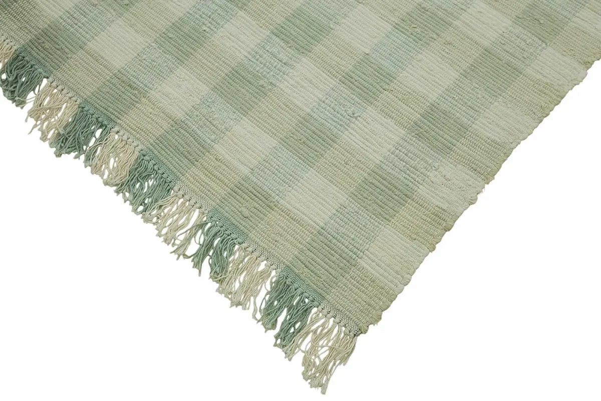İskandinav Yeşil Çizgili Pamuk Üzerine Yün El Dokuma Halı-178x266 - Görsel 4