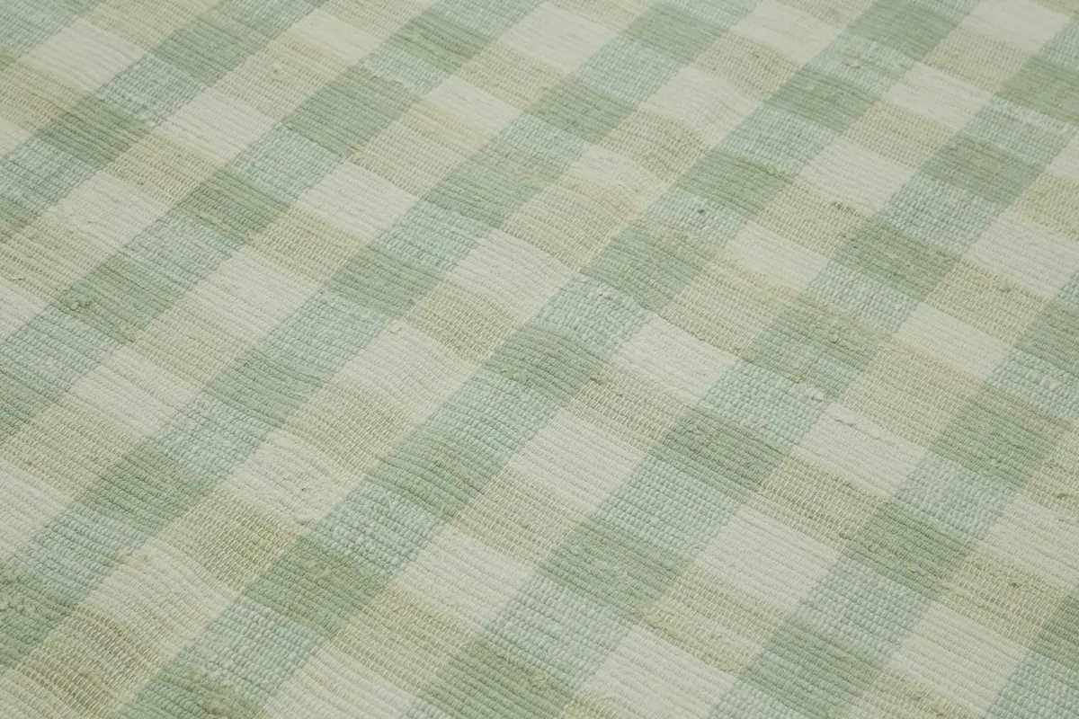 İskandinav Yeşil Çizgili Pamuk Üzerine Yün El Dokuma Halı-178x266 - Görsel 5