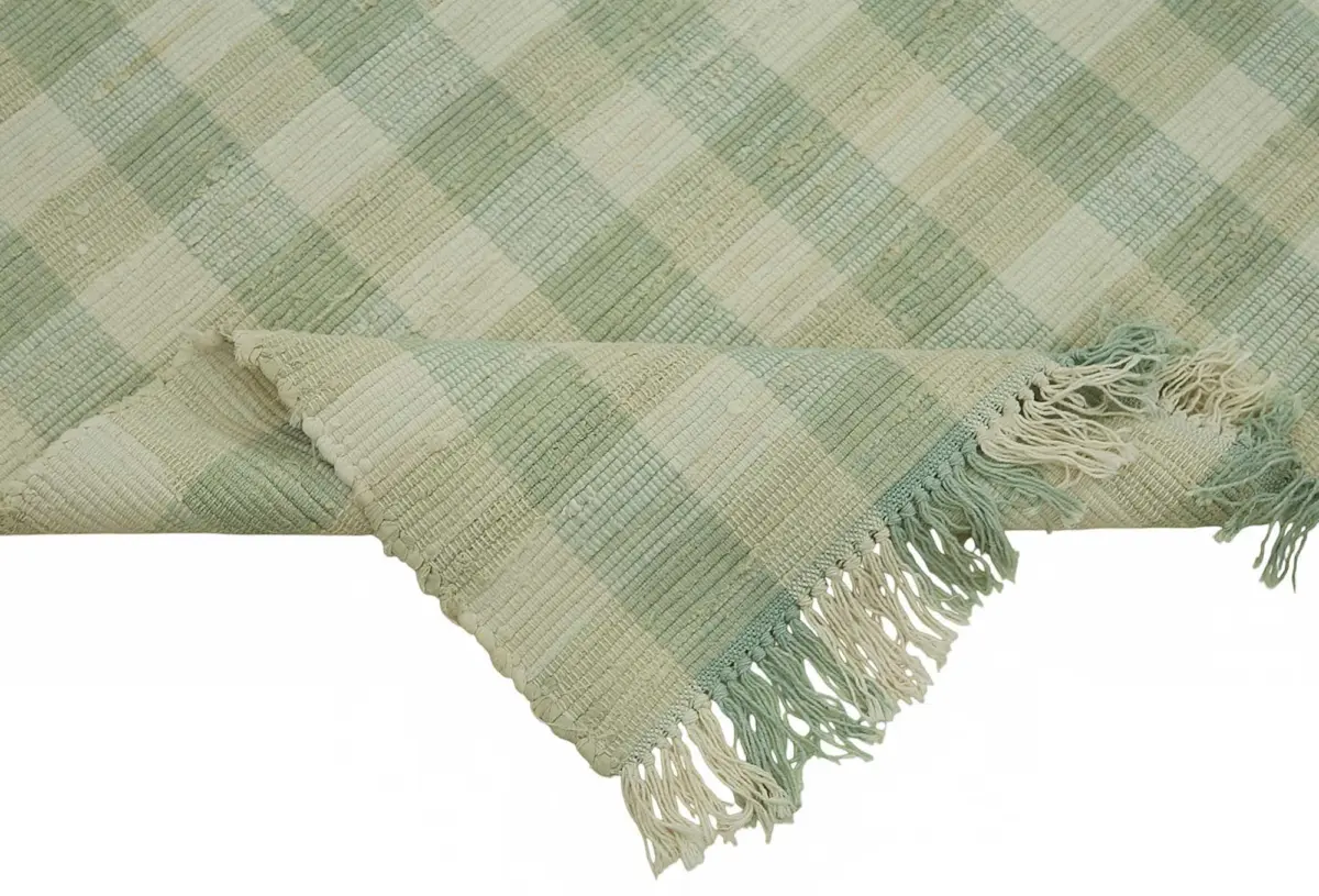 İskandinav Yeşil Çizgili Pamuk Üzerine Yün El Dokuma Halı-178x266 - Görsel 6