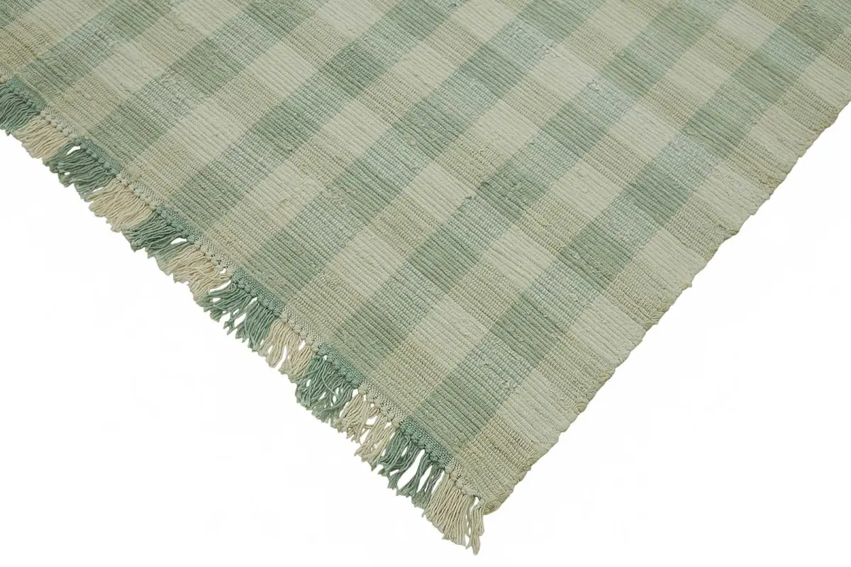 İskandinav Yeşil Çizgili Pamuk Üzerine Yün El Dokuma Halı-180x258 - Görsel 4