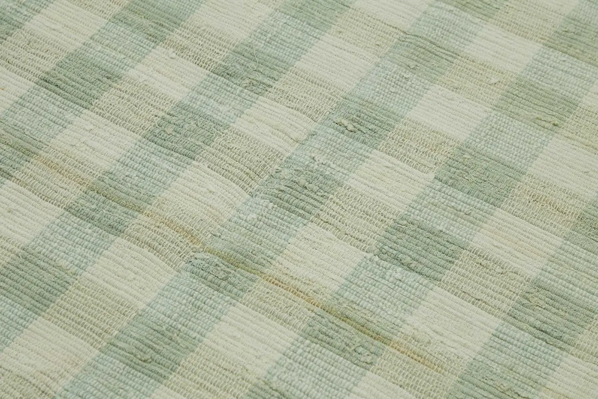 İskandinav Yeşil Çizgili Pamuk Üzerine Yün El Dokuma Halı-180x258 - Görsel 5