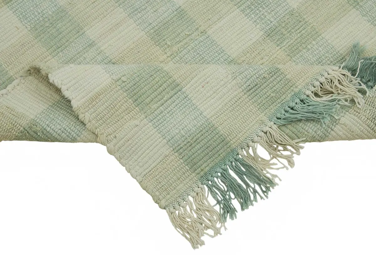 İskandinav Yeşil Çizgili Pamuk Üzerine Yün El Dokuma Halı-180x258 - Görsel 6