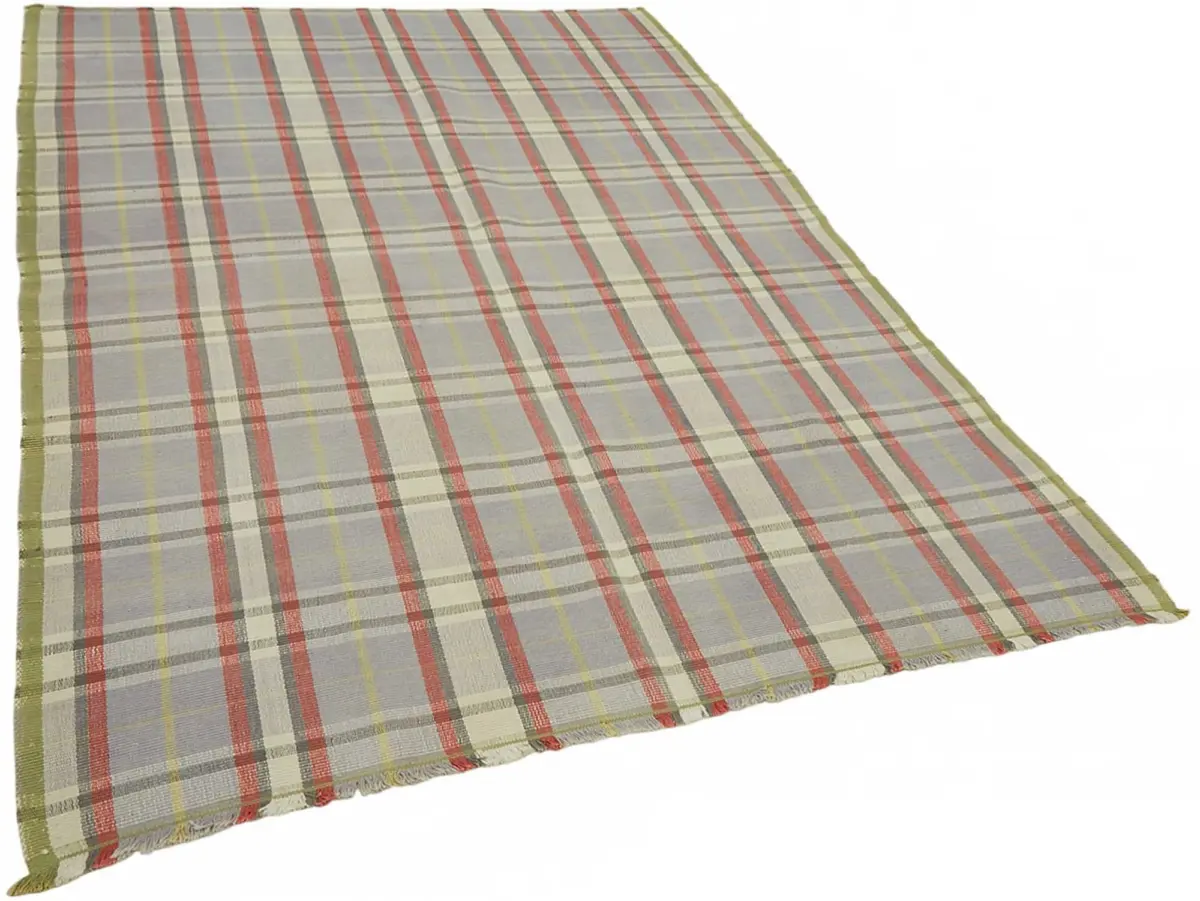 İskandinav Bej Çizgili Pamuk Üzerine Yün El Dokuma Halı-180x254 - Görsel 2