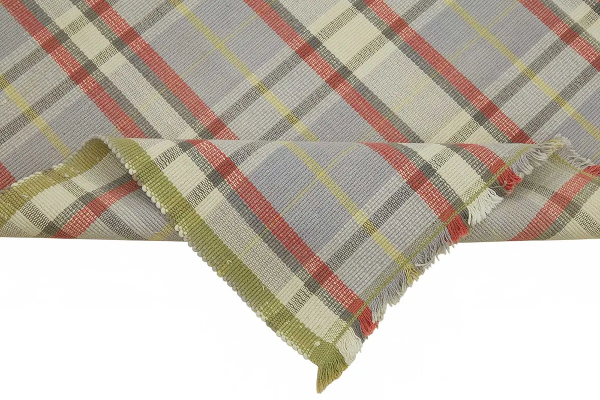 İskandinav Bej Çizgili Pamuk Üzerine Yün El Dokuma Halı-180x254 - Görsel 6