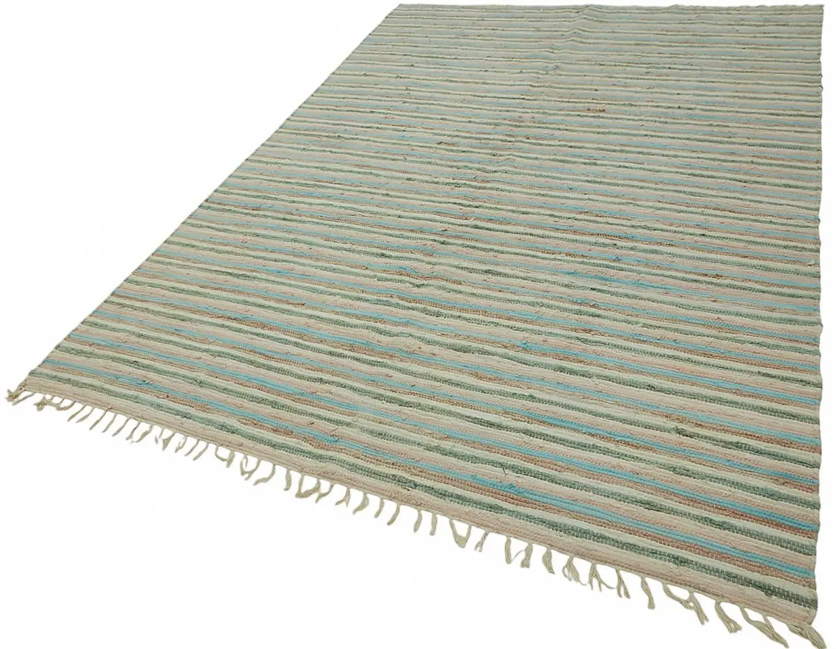 İskandinav Multi Renk Çizgili Pamuk Üzerinde Yün El Dokuma Halı-178x264 - Görsel 3