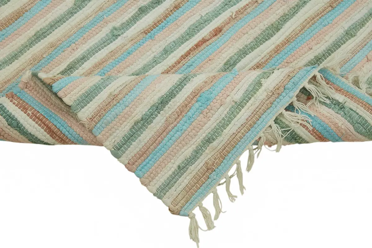 İskandinav Multi Renk Çizgili Pamuk Üzerinde Yün El Dokuma Halı-178x264 - Görsel 6