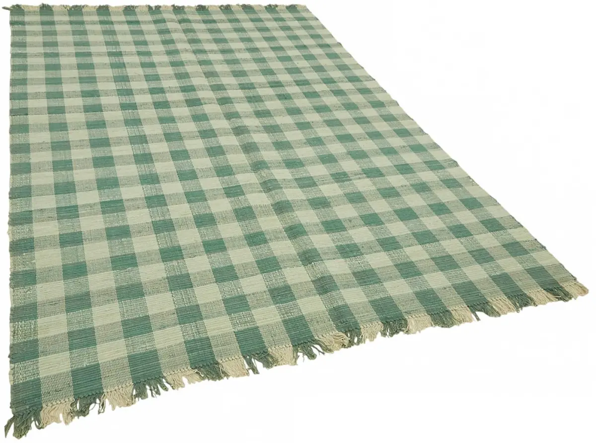İskandinav Yeşil Çizgili Pamuk Üzerine Yün El Dokuma Halı-184x270 - Görsel 2