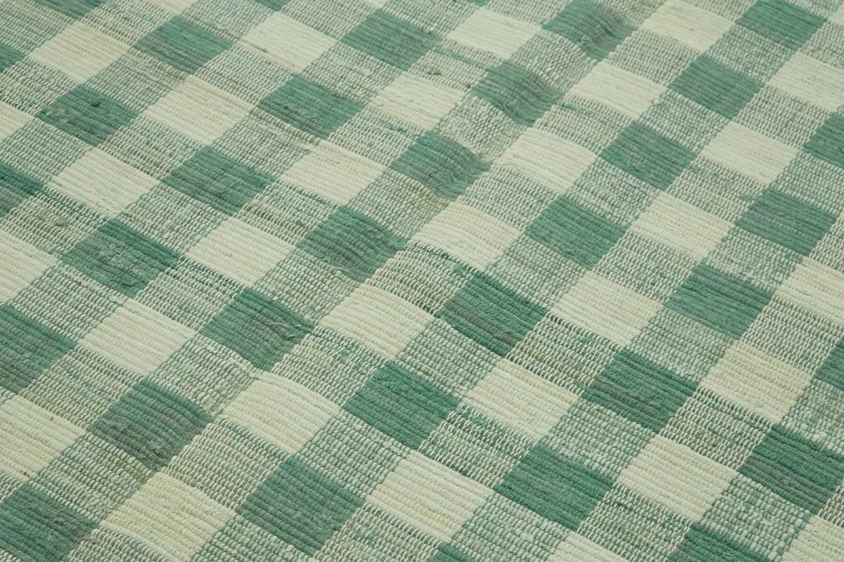 İskandinav Yeşil Çizgili Pamuk Üzerine Yün El Dokuma Halı-184x270 - Görsel 5