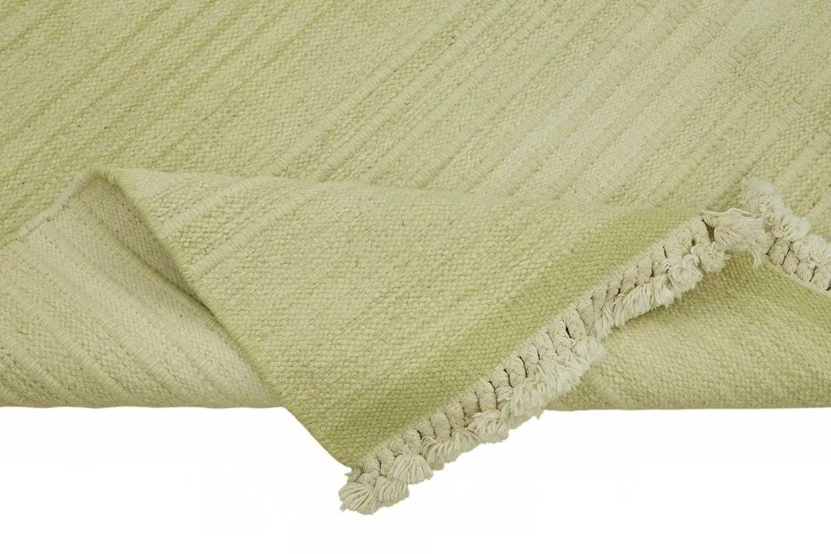 İskandinav Yeşil Çizgili Pamuk Üzerine Yün El Dokuma Halı-190x270 - Görsel 6