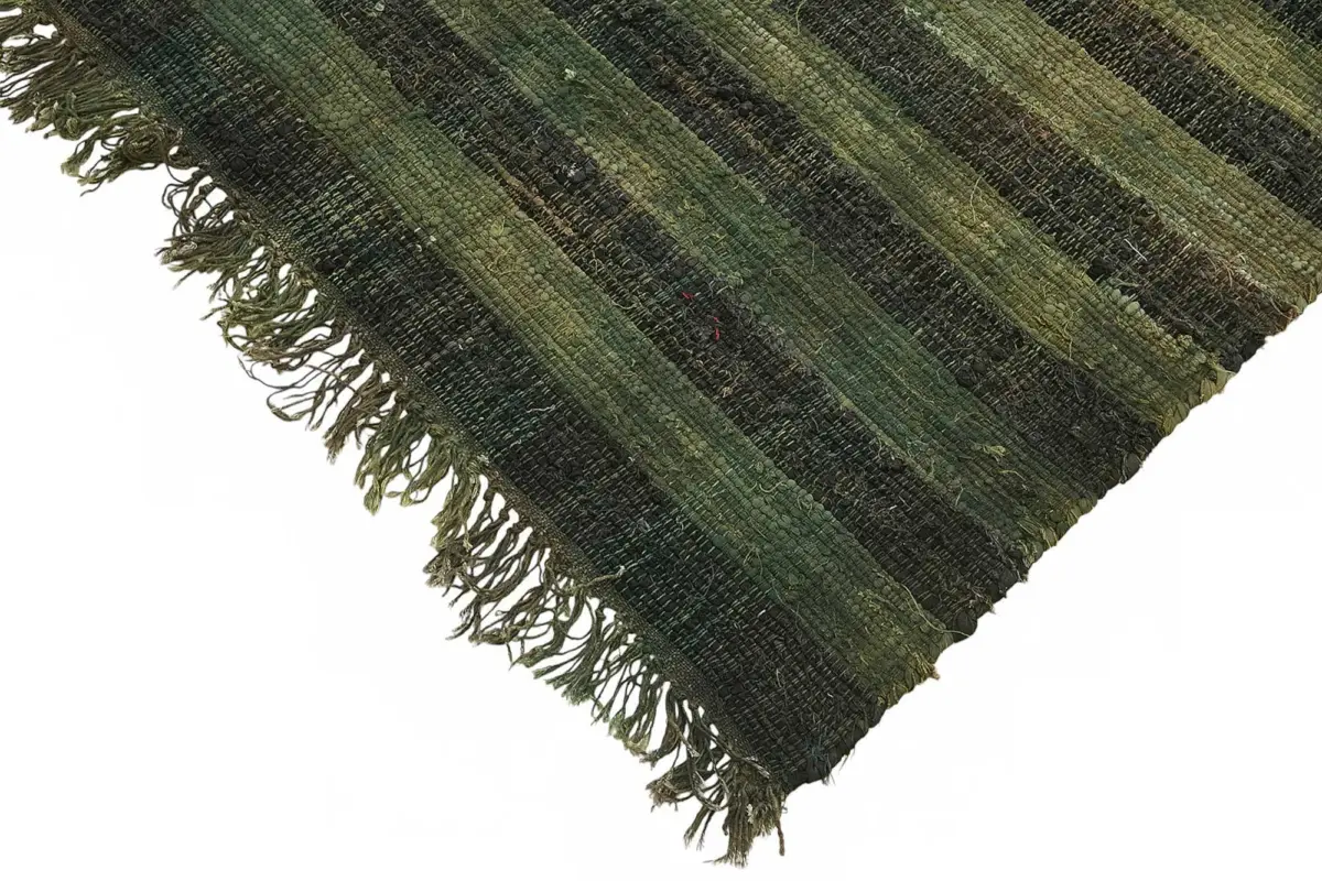 İskandinav Yeşil Çizgili Pamuk Üzerine Yün El Dokuma Halı-204x232 - Görsel 4