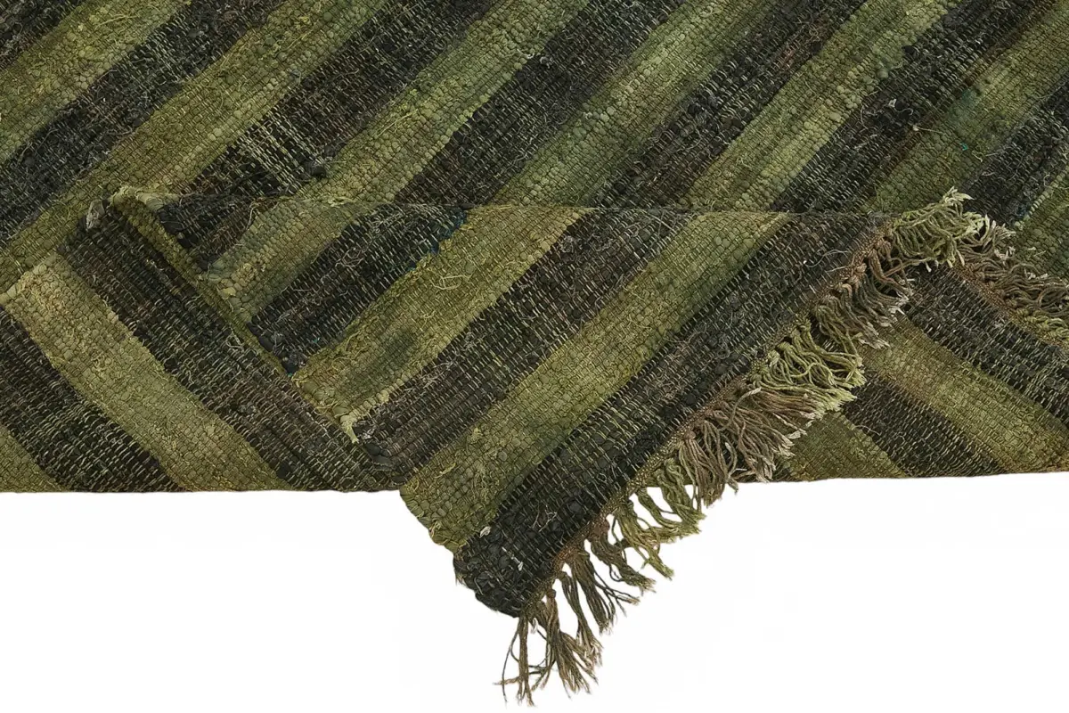 İskandinav Yeşil Çizgili Pamuk Üzerine Yün El Dokuma Halı-204x232 - Görsel 6