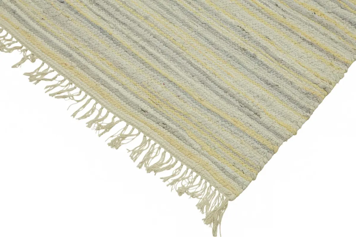İskandinav Bej Çizgili Pamuk Üzerine Yün El Dokuma Halı-245x290 - Görsel 4
