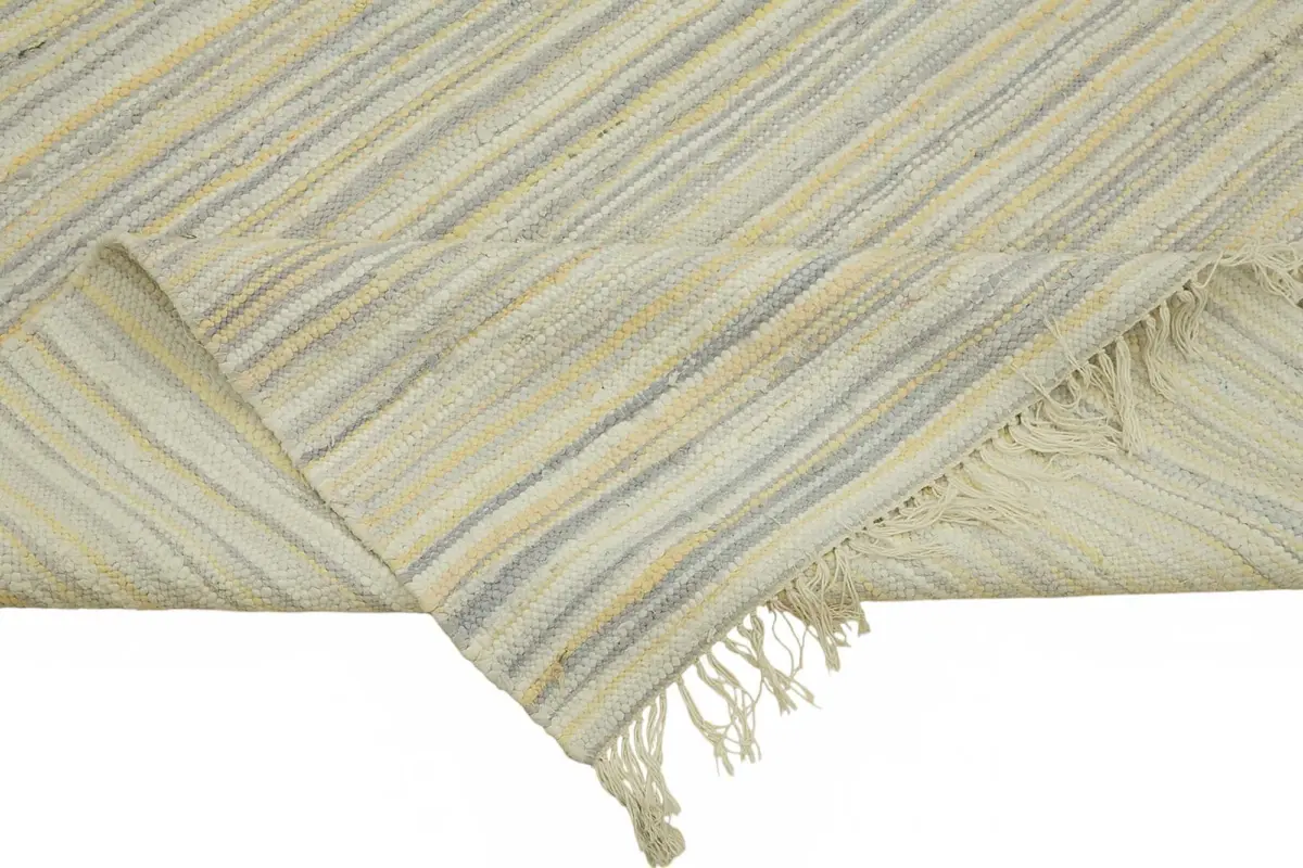 İskandinav Bej Çizgili Pamuk Üzerine Yün El Dokuma Halı-245x290 - Görsel 6