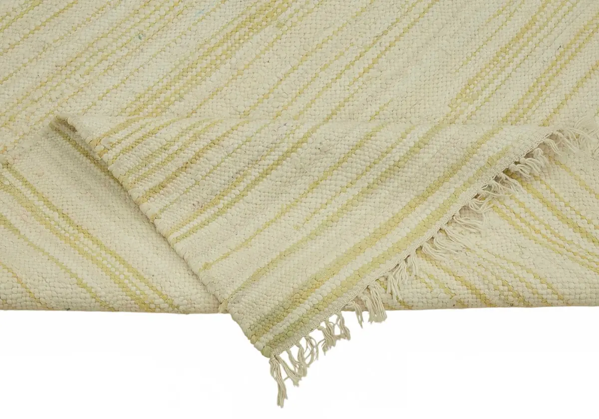 İskandinav Bej Çizgili Pamuk Üzerine Yün El Dokuma Halı-234x297 - Görsel 6