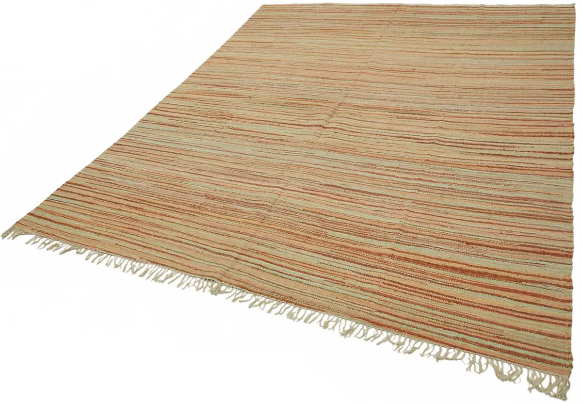 İskandinav Turuncu Çizgili Pamuk Üzerine Yün El Dokuma Halı-245x298 - Görsel 3