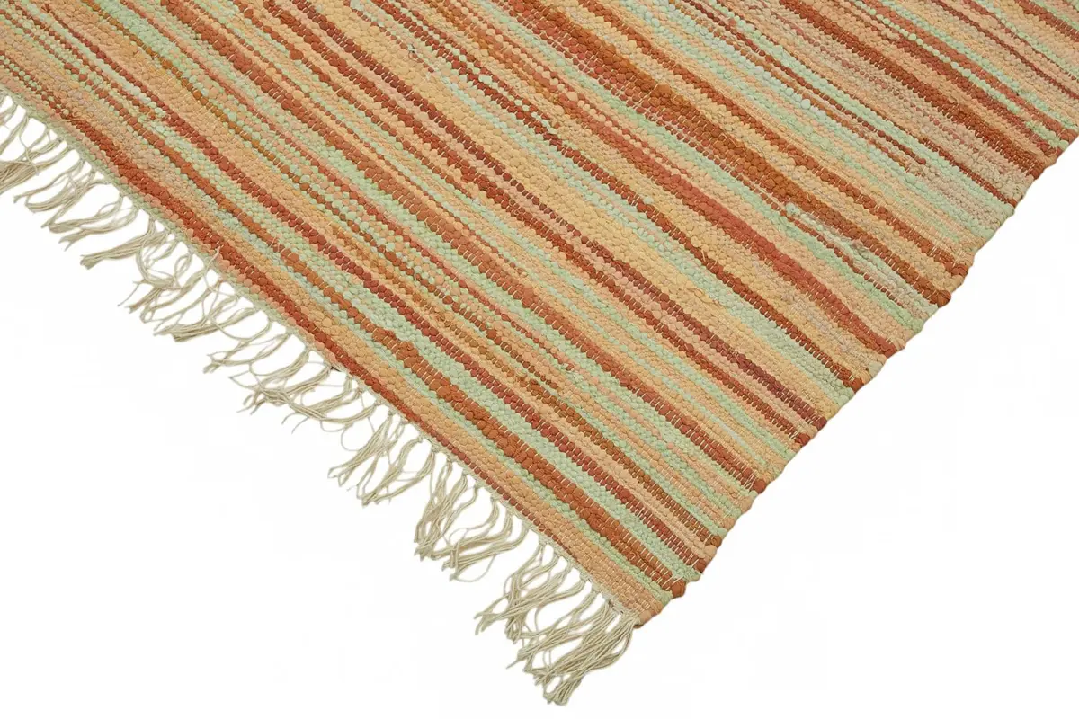 İskandinav Turuncu Çizgili Pamuk Üzerine Yün El Dokuma Halı-245x298 - Görsel 4