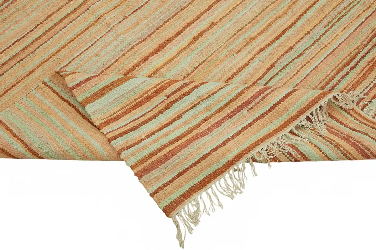 İskandinav Turuncu Çizgili Pamuk Üzerine Yün El Dokuma Halı-245x298 - Görsel 6