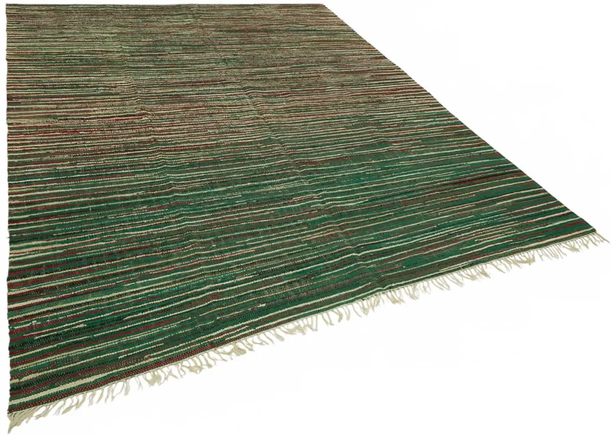 İskandinav Yeşil Çizgili Pamuk Üzerine Yün El Dokuma Halı-242x305 - Görsel 2