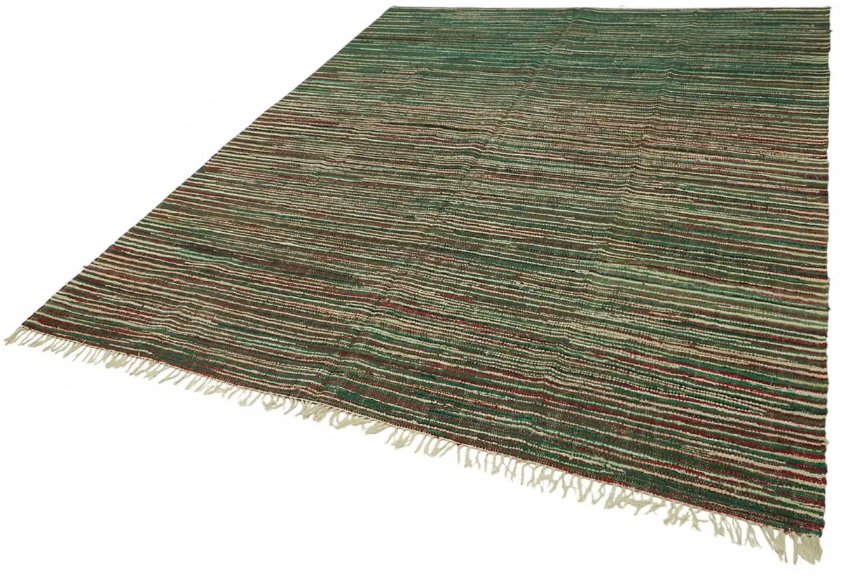 İskandinav Yeşil Çizgili Pamuk Üzerine Yün El Dokuma Halı-242x305 - Görsel 3
