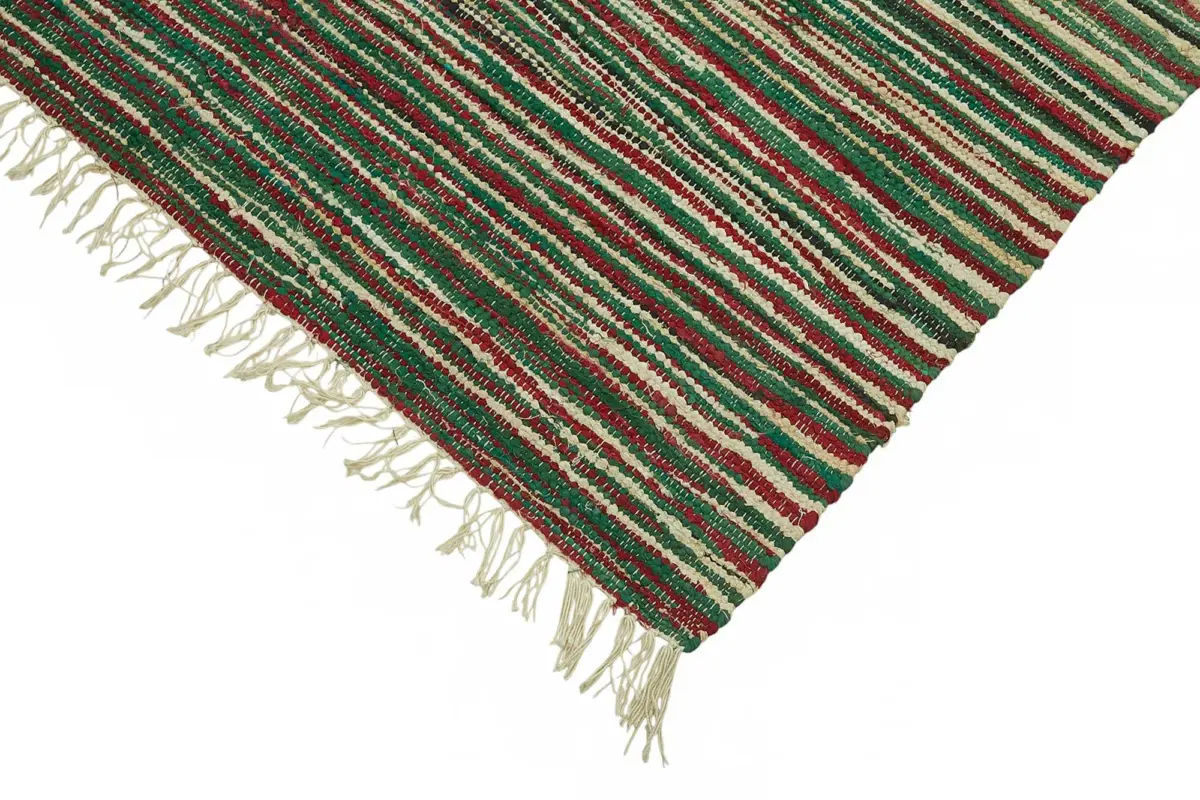 İskandinav Yeşil Çizgili Pamuk Üzerine Yün El Dokuma Halı-242x305 - Görsel 4