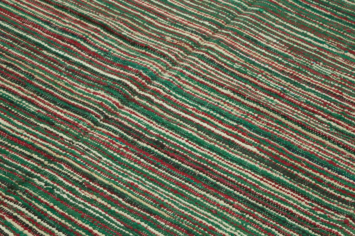 İskandinav Yeşil Çizgili Pamuk Üzerine Yün El Dokuma Halı-242x305 - Görsel 5