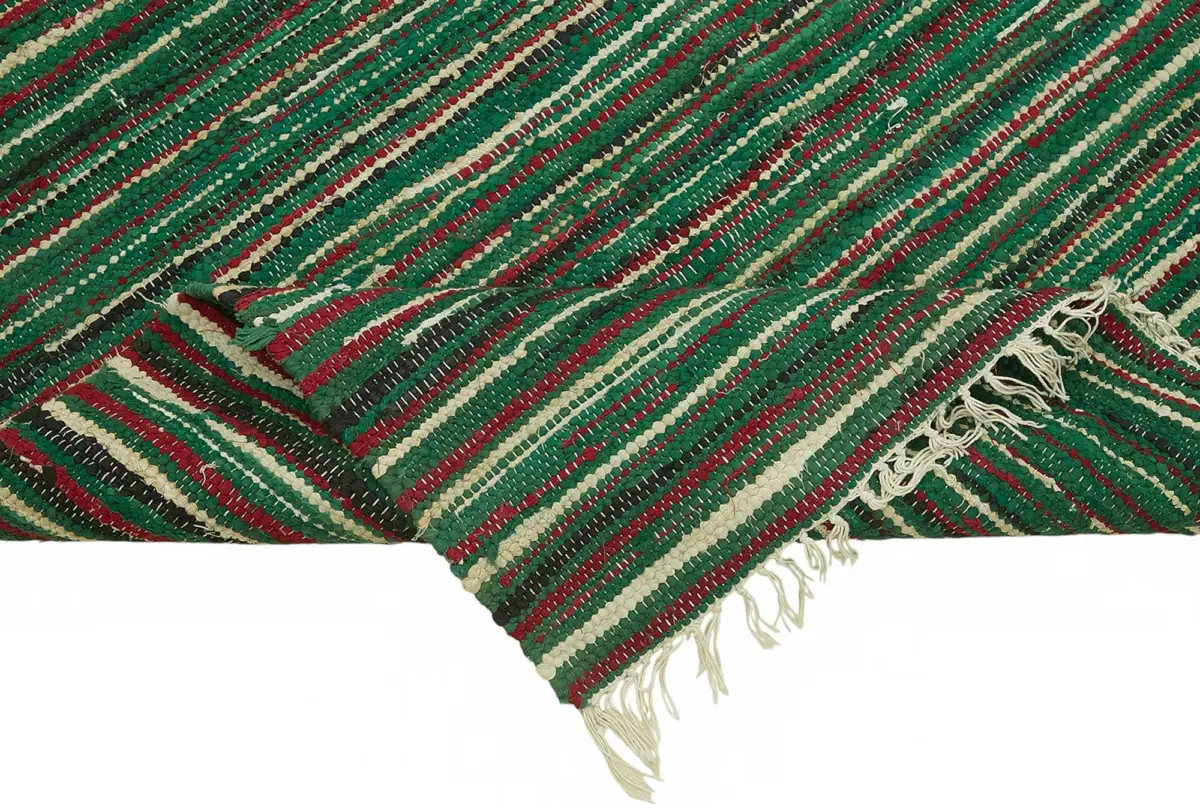 İskandinav Yeşil Çizgili Pamuk Üzerine Yün El Dokuma Halı-242x305 - Görsel 6