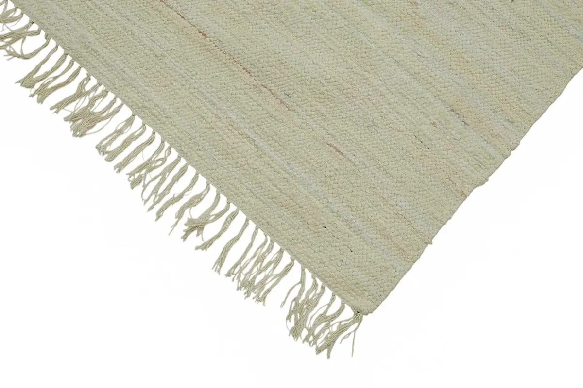 İskandinav Bej Çizgili Pamuk Üzerine Yün El Dokuma Halı-237x288 - Görsel 4