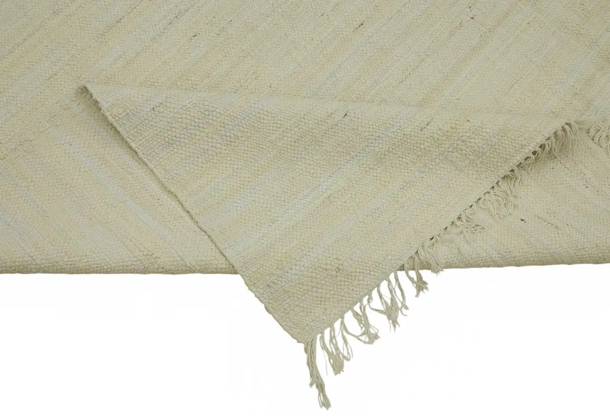 İskandinav Bej Çizgili Pamuk Üzerine Yün El Dokuma Halı-237x288 - Görsel 6