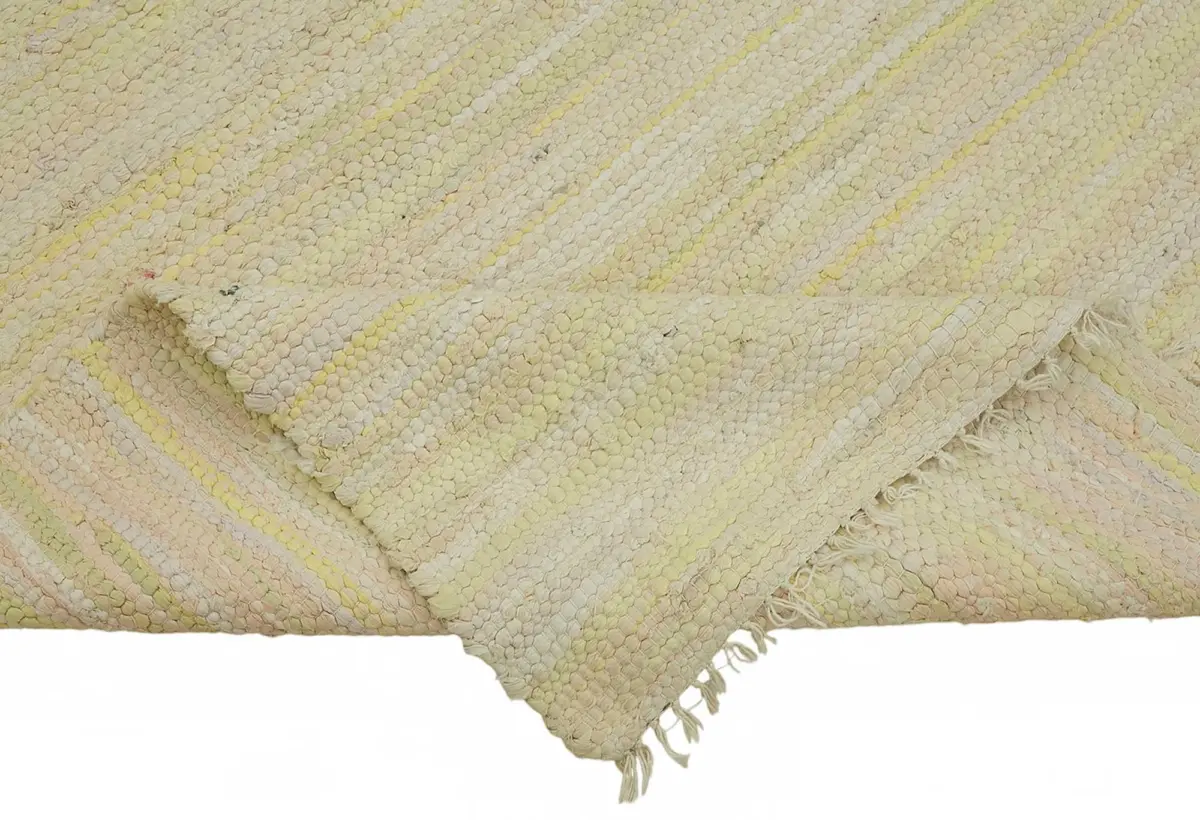 İskandinav Bej Çizgili Pamuk Üzerine Yün El Dokuma Halı-244x290 - Görsel 6