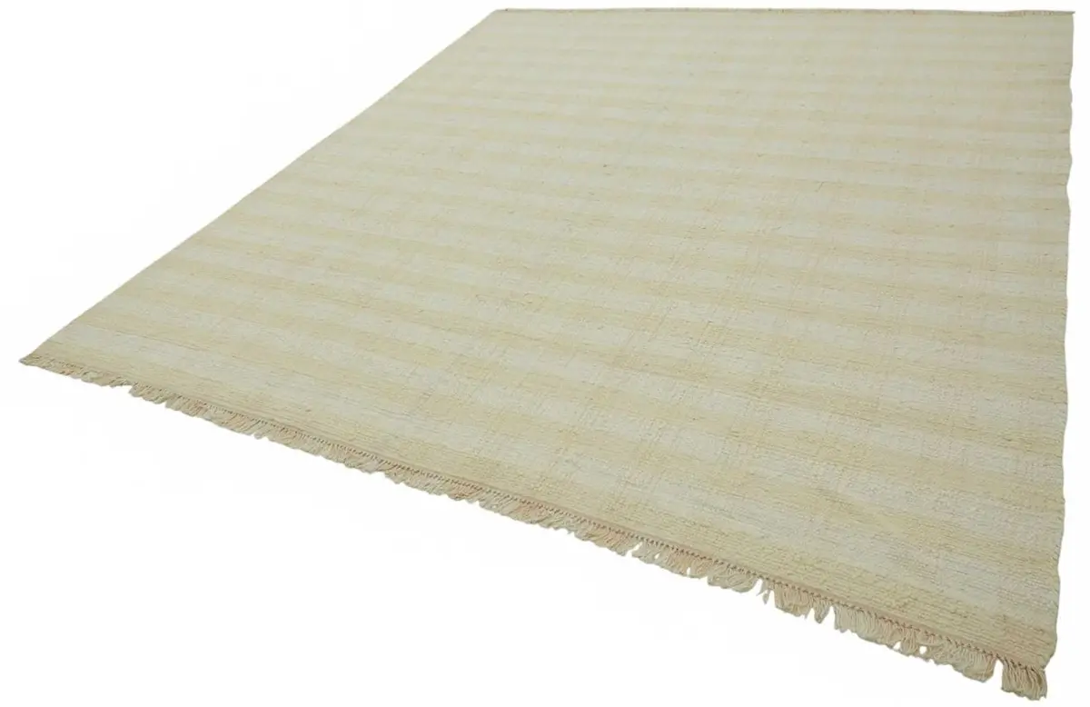 İskandinav Bej Çizgili Pamuk Üzerine Yün El Dokuma Halı-264x287 - Görsel 3