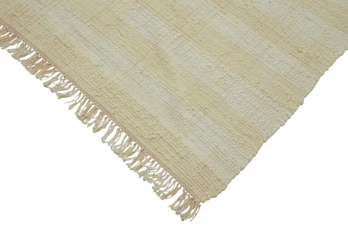 İskandinav Bej Çizgili Pamuk Üzerine Yün El Dokuma Halı-264x287 - Görsel 4