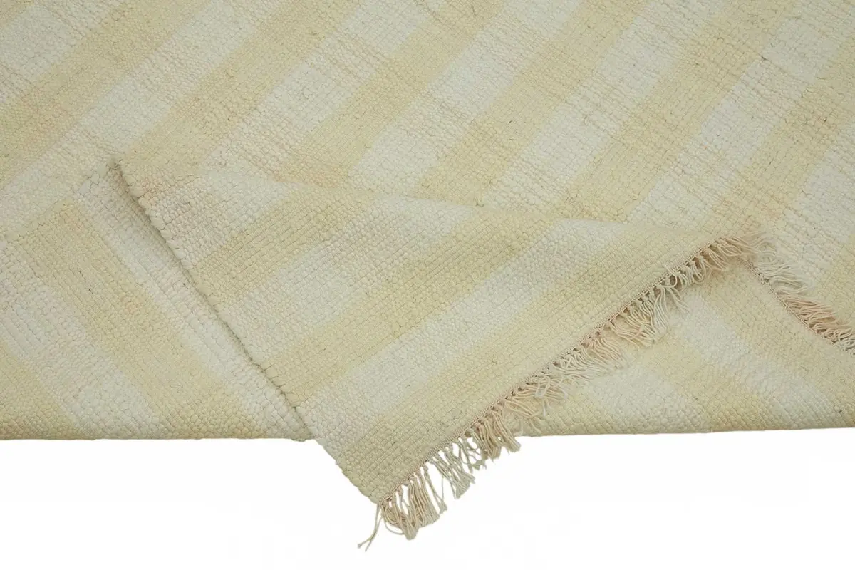 İskandinav Bej Çizgili Pamuk Üzerine Yün El Dokuma Halı-264x287 - Görsel 6