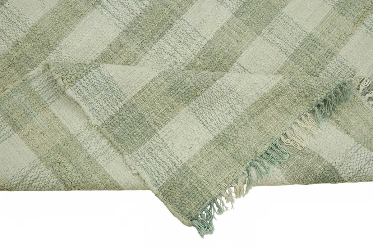 İskandinav Yeşil Çizgili Pamuk Üzerine Yün El Dokuma Halı-262x263 - Görsel 6
