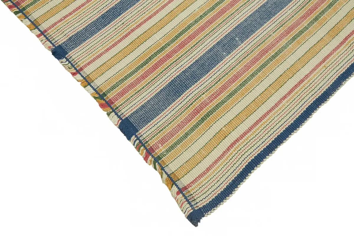 İskandinav Multi Renk Çizgili Pamuk Üzerinde Yün El Dokuma Halı-243x277 - Görsel 4