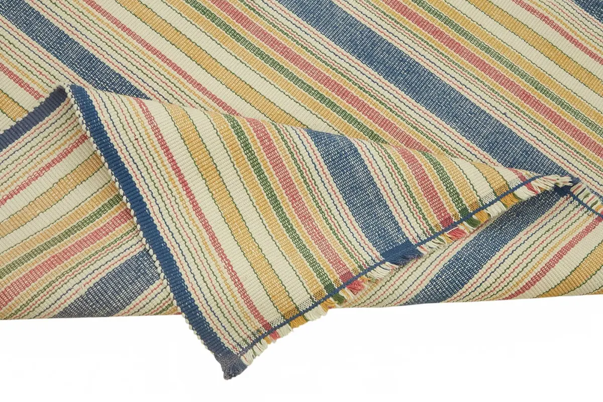 İskandinav Multi Renk Çizgili Pamuk Üzerinde Yün El Dokuma Halı-243x277 - Görsel 6