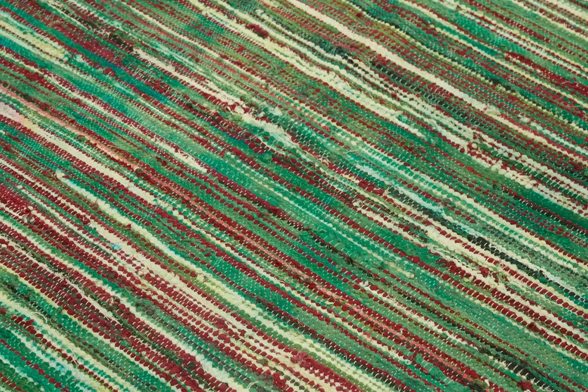 İskandinav Yeşil Çizgili Pamuk Üzerine Yün El Dokuma Halı-238x294 - Görsel 5