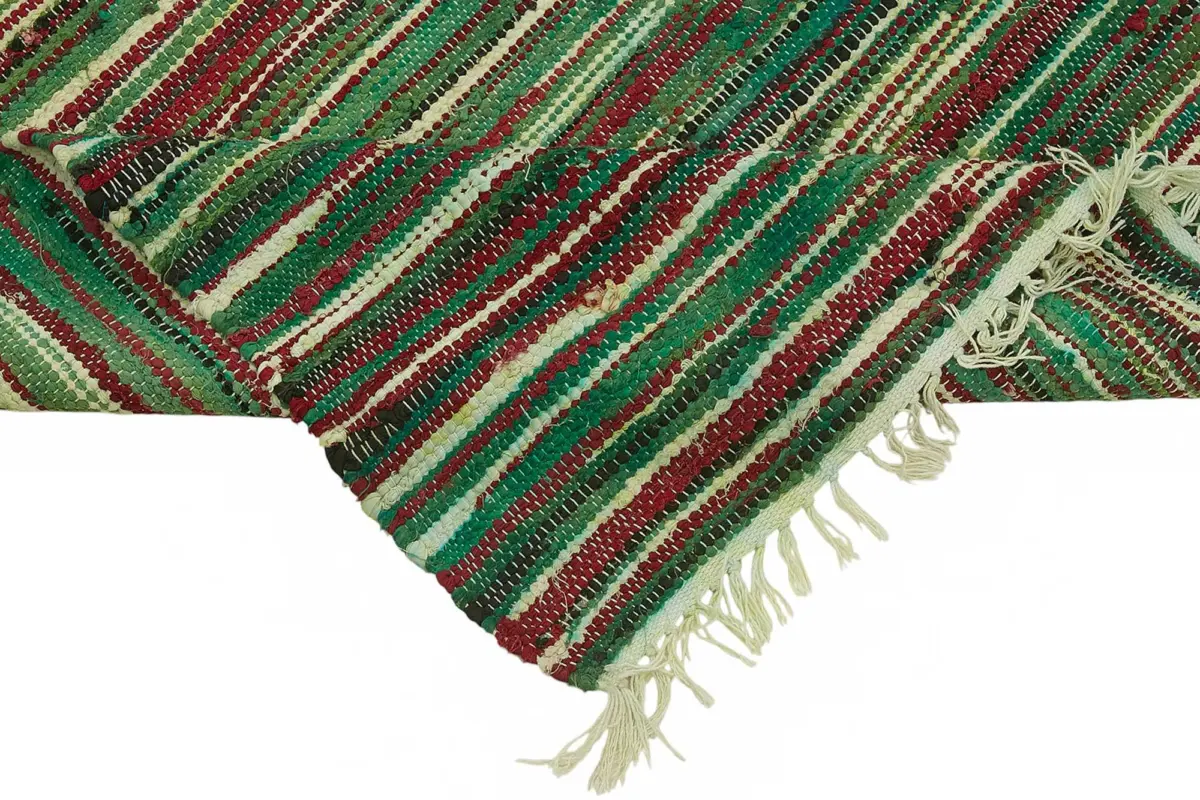 İskandinav Yeşil Çizgili Pamuk Üzerine Yün El Dokuma Halı-238x294 - Görsel 6